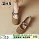 ZHR單鞋女復古圓頭平底勃肯瑪麗珍女鞋百搭軟面皮鞋女 JF152 棕色 37