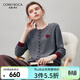 科蒙博卡2025秋冬新款100%羊絨衫女裝圓領(lǐng)開(kāi)衫外套撞色針織毛衣上衣 深空灰 M
