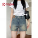 妃衣度（FYDOUL）復古直筒牛仔短褲女夏薄款大碼胖mm高腰彈力顯瘦梨形身材a字熱褲 藍色 M