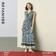 顏域碎花背心連衣裙女2026夏季新款法式復古拼接收腰V領(lǐng)魚(yú)尾長(cháng)裙 藍花 M
