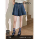 闊色（kuose）復古高腰百褶牛仔半身裙褲春夏新款女藍色a字短褲子 藍色 L