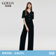 歌莉婭套裝女春夏爆款氣質(zhì)醋酸V領(lǐng)t恤上衣寬松直筒長(cháng)褲兩件套1C4CAC800 00B黑色 L