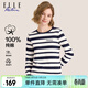 ELLE ACTIVE 純棉撞色條紋t恤女裝春季時(shí)尚百搭舒適透氣打底衫休閑圓領(lǐng)上衣 長(cháng)袖款-藍/白色 L