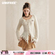 UNIFREE美式辣妹精美刺繡不規則毛邊修身針織開(kāi)衫 杏色 均碼