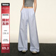 AAISUP慵懶風(fēng)條紋休閑褲子女薄款純棉夏季新款寬松顯瘦小個(gè)子潮流闊腿褲 淺藍色 M
