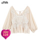 妖精的口袋仙氣鏤空蕾絲雪紡衫女2025春季新款設計感罩衫薄紗上衣 蕾絲米白色 M