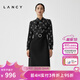 朗姿/LANCY春冬新款高腰飄帶拼接連衣裙羊毛真絲黑裙子女修身 夜幕黑色 2XL