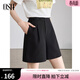 歐莎（OSA）短褲女夏季25年新款高腰直筒闊腿褲休閑五分褲薄款休閑短褲 黑色A L