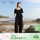 三彩大碼女裝2025夏季新款仿麻上衣長(cháng)褲兩件套裝休閑方領(lǐng)通勤胖MM 經(jīng)典黑 L 165/92B