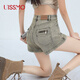 UISSMO仔短褲女夏季薄款歐美高腰彈力顯瘦寬松辣妹美式vibe風(fēng)超短熱褲 石磨黃 S