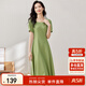 尚都比拉短袖連衣裙女夏季時(shí)尚通勤中長(cháng)款a字裙釘珠收腰顯瘦裙子 綠色 M