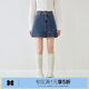 樂(lè )町斜線(xiàn)分割牛仔短裙方塊A字裙深牛仔藍打褶半身裙 深牛仔藍（現貨） L