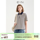 EINEIN言?；陾l紋撞色polo領(lǐng)T恤女文藝休閑寬松短袖學(xué)院風(fēng)上衣夏新款 墨藍 L
