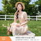 香影碎花連衣裙女2026夏裝新款泡泡袖方領(lǐng)裙子收腰雪紡茶歇法式裙 桔色 M