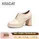 接吻貓KISSCAT樂(lè )福鞋女鞋春季新款通勤粗跟系帶高跟鞋女KA43530-10 米白色皺牛漆皮革 34