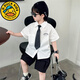 G.duck小黃鴨男童套裝夏季兒童短袖襯衫套裝洋氣西裝男孩痞帥學(xué)院風(fēng)衣服 白色贈送領(lǐng)貸 90 cm