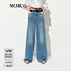 MO&Co.牛仔褲夏漢麻棉質(zhì)做舊貓須擦色闊腿高腰MBE2JENT07 牛仔藍色 M /M