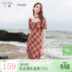 三彩2025夏季新款復古格紋雪紡連衣裙方領(lǐng)泡泡袖長(cháng)裙女 酒紅格紋 S 155/80A