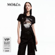MO&Co.棉質(zhì)T恤春秋萌寵小狗印花彈力精裁正肩短款短袖圓領(lǐng)黑色白色 黑色 M