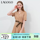 LAGOGO復古休閑系帶收腰連衣裙女拉谷谷夏季新款氣質(zhì)泡泡袖中長(cháng)裙 淺咖啡(U2) XL
