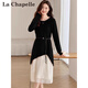 拉夏貝爾（La Chapelle）感紅色針織連衣裙女秋冬2026新款收腰顯瘦網(wǎng)紗亮片長(cháng)裙配大衣 黑色 2XL 130-140斤
