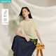 茵曼輕薄鏤空針織T恤夏季女裝新潮簡(jiǎn)約圓領(lǐng)亞麻修身短袖上衣 淺黃色 M
