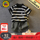 G.duck童裝男童套裝夏季2026新款夏裝條紋短袖兒童衣服男孩中小童休閑裝 黑色 90碼建議1~2歲【 80-90】cm