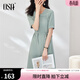 歐莎（OSA）短袖連衣裙子女夏季2025新款收腰顯瘦復古襯衫裙子中長(cháng)款 灰綠色 M