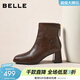 百麗（Belle）復古褶皺面時(shí)裝靴女冬季新款商場(chǎng)同款優(yōu)雅高跟短靴E5U1DDD5 棕色 37