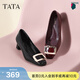 他她（TATA）通勤方扣高跟鞋女鞋黑色粗跟牛皮單鞋秋新款7YO02CQ4 黑色 38