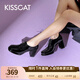 接吻貓KISSCAT樂(lè )福鞋女鞋春季新款通勤粗跟系帶高跟鞋女KA43530-10 黑色皺牛漆皮革 38