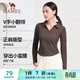 駱駝（CAMEL）長(cháng)袖T恤衫女士小V翻領(lǐng)修身針織上衣 Y24CA4L0605 法式棕 XL