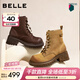 百麗（Belle）張凌赫周雨彤同款小野馬擦色工裝靴女冬新款商場(chǎng)短靴E5C1DDD5 黃色-單里【張凌赫同款】 35