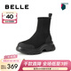 百麗（Belle）鯨魚(yú)靴厚底增高彈力靴女冬季新款復古絨面顯瘦彈力短靴E4V2DDZ5 黑色 37