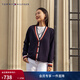 Tommy Hilfiger【羊毛羊絨混紡】秋冬女裝休閑慵懶拼色寬松V領(lǐng)開(kāi)衫毛衣外套 藏青色DW5 S