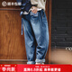 馬登工裝美式休閑磨白丹寧牛仔褲水洗貓須寬松闊腿直筒長(cháng)褲男春 牛仔藍 L