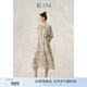 EIN國畫(huà)百花集 EIN言藝術(shù)感美拉藍線(xiàn)描印花抽褶法式連衣裙秋新款 淺杏 M