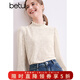 百圖betu女裝秋季新款T恤立領(lǐng)蝴蝶提花針織長(cháng)袖T恤女2409T44 淺杏色 S