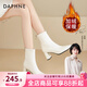 達芙妮白色短靴女2026新款高跟鞋秋冬百搭馬丁靴女法式尖頭靴子女瘦瘦靴 米白色加絨【尖頭新款】 7cm跟高 37