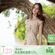 三彩2025夏季新款荷葉邊連衣裙法式收腰A字裙魚(yú)尾長(cháng)裙浪漫M 卡其色花卉 S 155/80A