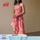H&M女裝連衣裙春季新款碎花V領(lǐng)修身度假風(fēng)吊帶植物印花長(cháng)裙1278036 白色/紅色花卉 XL 175/116