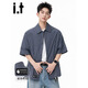 fingercroxx it美式復古條紋短袖襯衫男士夏季新款寬松休閑外套五分半袖襯衣 藍色 【專(zhuān)柜同款】 M 【90-110斤】