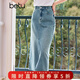 百圖betu女裝夏季新款半身裙高腰中開(kāi)叉燙鉆牛仔半身裙女2407T55 牛仔色 M