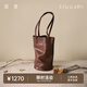 裘真慵懶遇水桶包女腋下單肩包復古通勤包頭層植鞣牛皮包包 咖啡色-小號