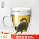 九土馬克杯手工雙層玻璃杯貓咪杯子辦公咖啡杯女用貓杯藝術(shù)茶水杯 黑B加蓋