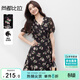 尚都比拉V領(lǐng)泡泡短袖A字碎花裙女夏季綁帶收腰顯瘦連衣裙度假風(fēng)浪漫中裙