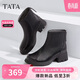 他她TATA奶皮靴法式粗跟彈力靴女靴子羊皮短靴 黑色（單里） 35