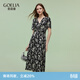 歌莉婭碎花連衣裙女夏法式獨特漂亮扭結小裙子1E4L4K3R0 83D黑底米白山茶花印花 S