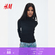 H&M女裝T恤春季羅紋高領(lǐng)上衣喇叭長(cháng)袖氣質(zhì)打底衫1296049 黑色 XS 155/80