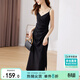 尚都比拉設計感抽褶收腰顯瘦中長(cháng)款V領(lǐng)吊帶連衣裙夏季修身小黑裙 黑色 XL 